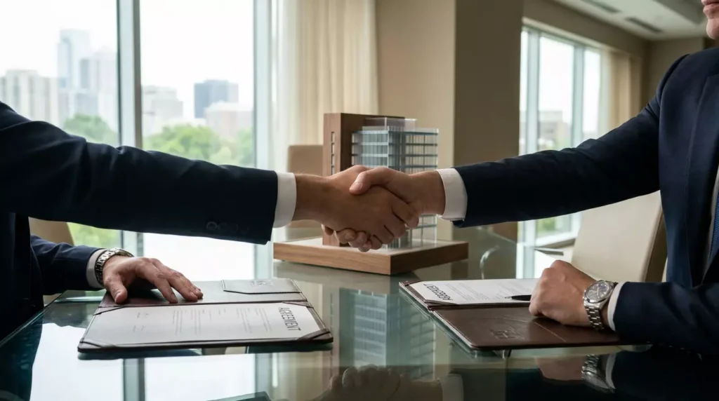 Executivos fechando um acordo financeiro com um aperto de mãos sobre uma mesa de reunião. Home Equity