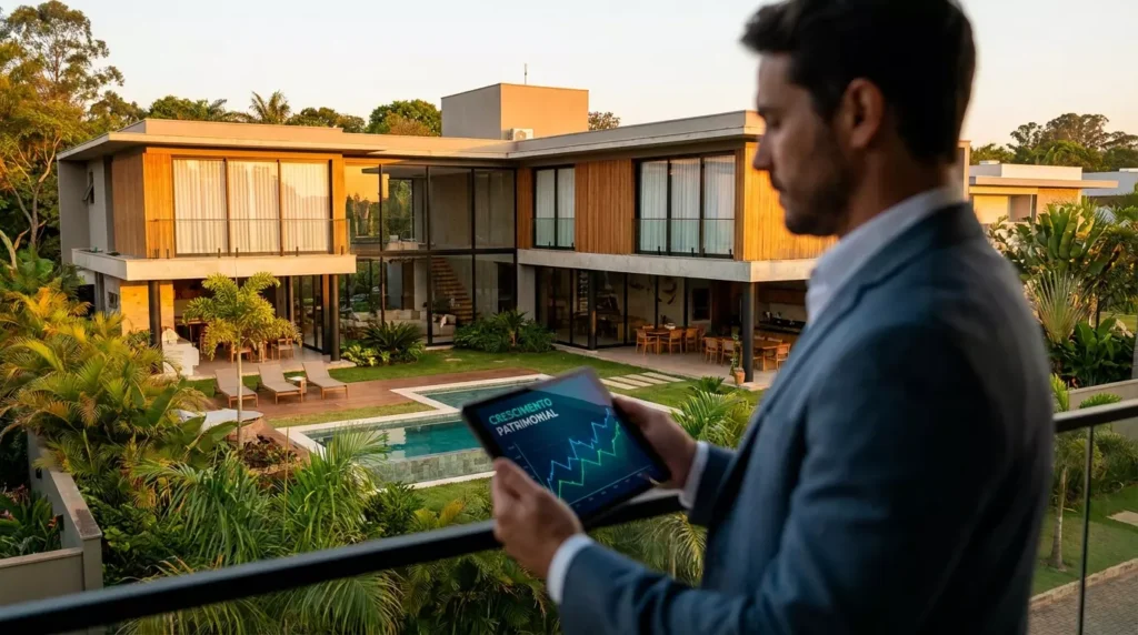 Homem de negócios analisando gráficos financeiros em tablet com mansão de alto padrão ao fundo - Home Equity