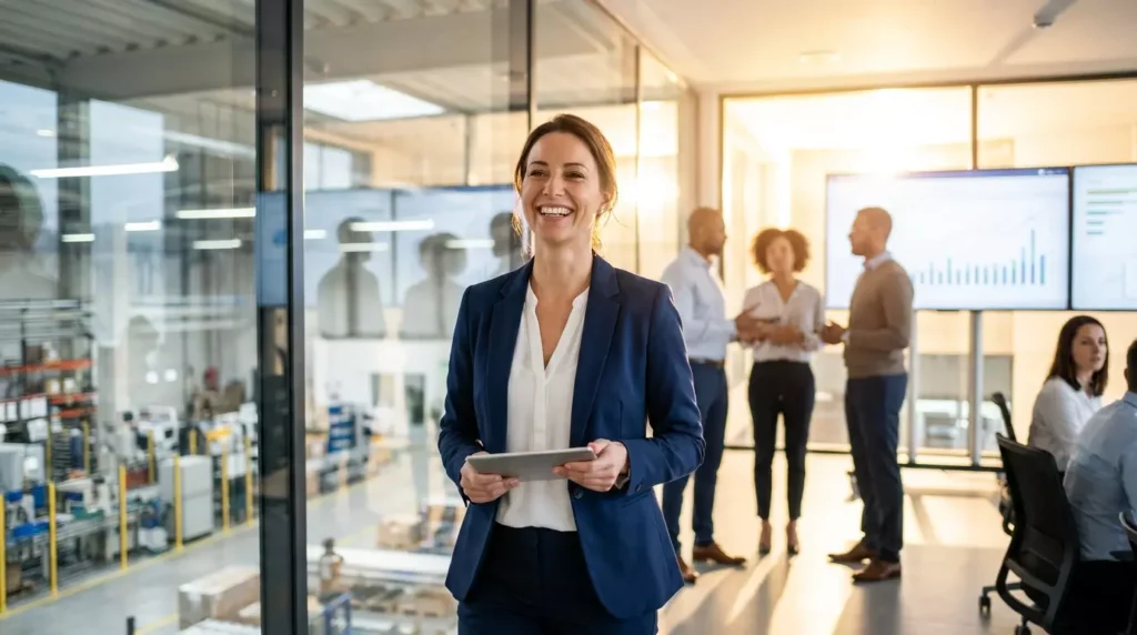 Empreendedora sorridente caminhando por um moderno escritório corporativo em fase de expansão. Home Equity