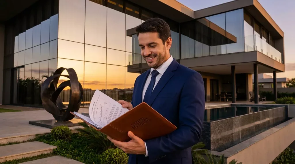 Empresário avaliando contrato financeiro com sua mansão de alto padrão ao fundo, representando o limite home equity aprovado.