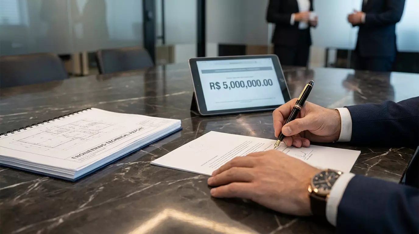 Executivos fechando um acordo financeiro com um aperto de mãos sobre uma mesa de reunião.