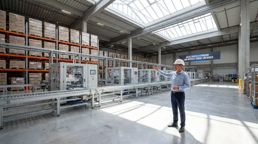 Empreendedor sorridente caminhando por um moderno escritório corporativo em fase de expansão.