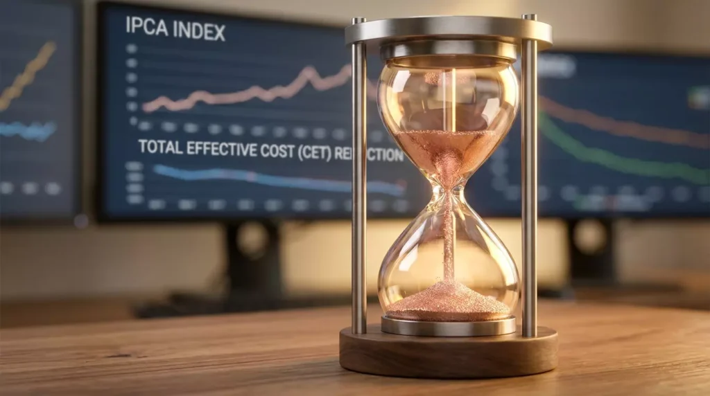 Ampulheta de cristal titânio medindo o tempo com partículas douradas, telas de gráficos econômicos desfocadas no fundo.