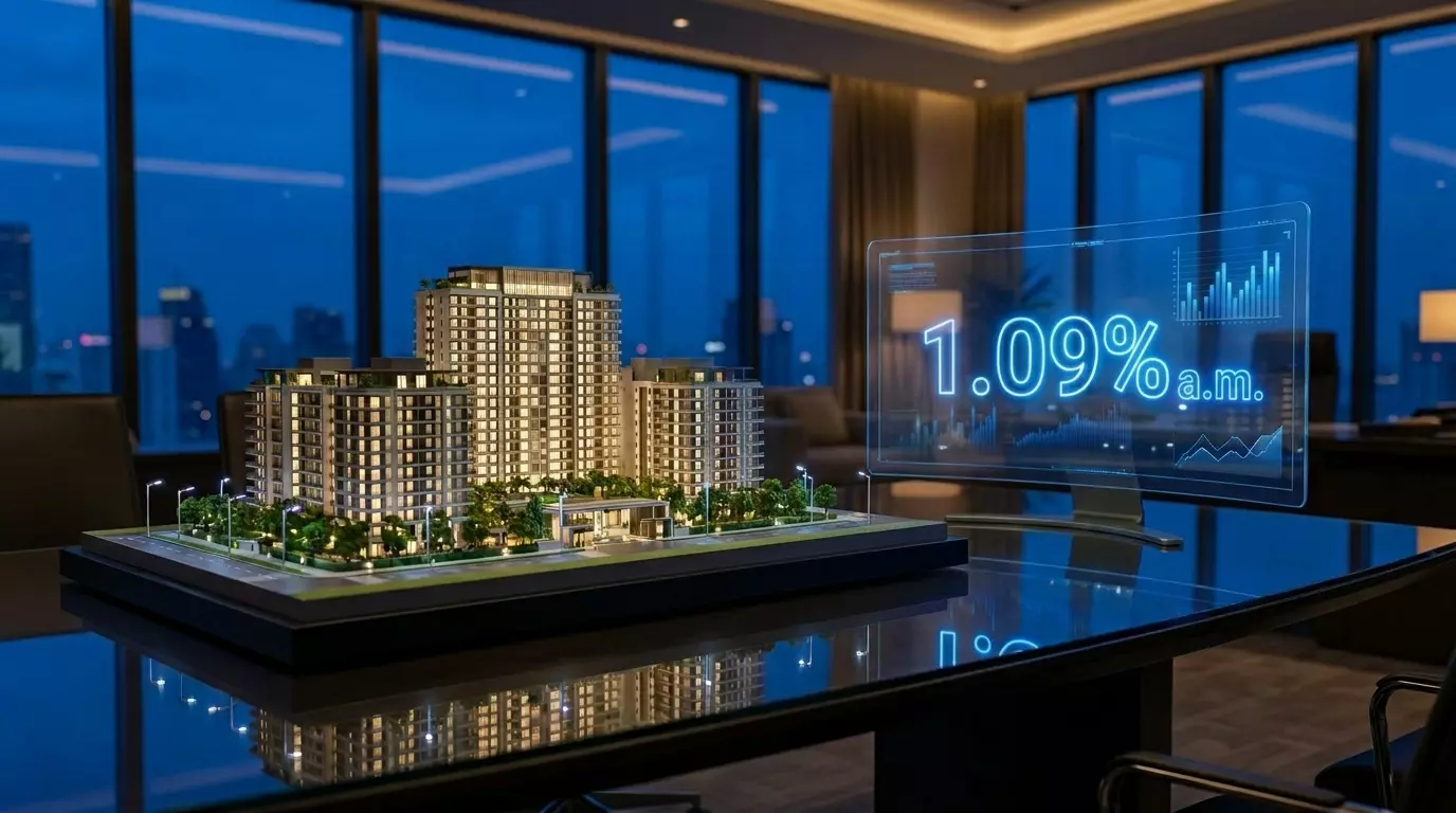 Maquete iluminada de empreendimento de luxo ao lado de visor digital mostrando taxa de juros de 1,09% em escritório escuro.