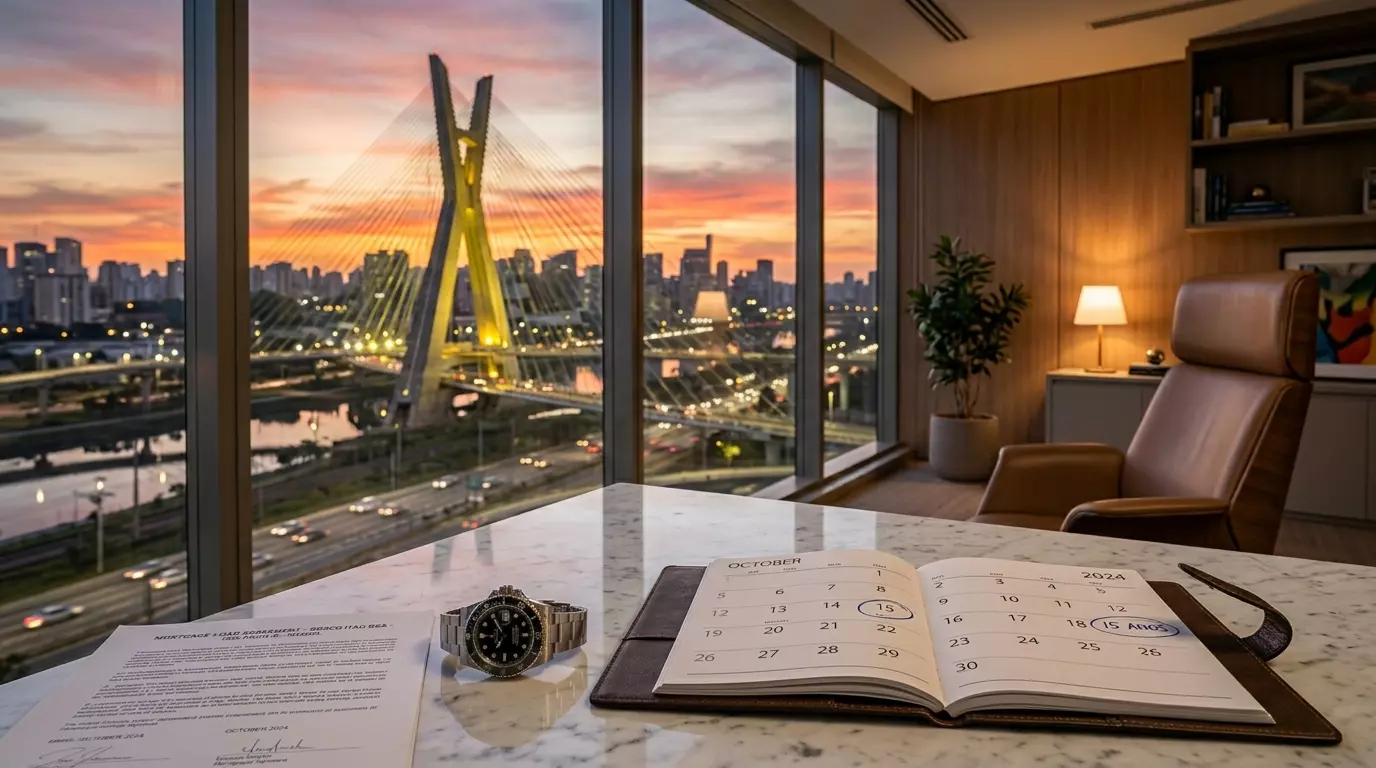 Escritório de luxo com calendário marcando prazo de 15 anos e contrato de home equity sobre mesa de mármore.