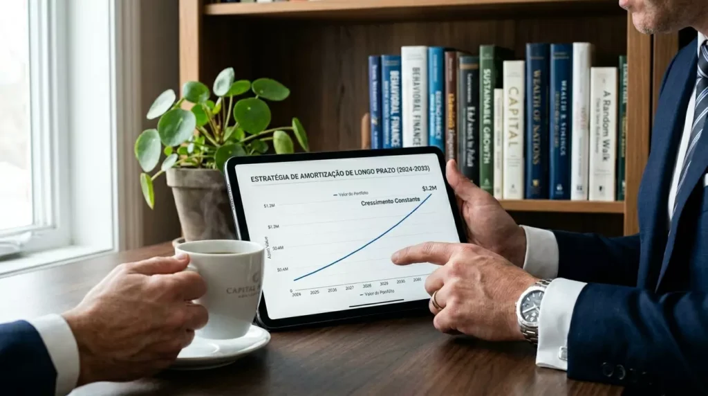 Empresário analisando gráfico de amortização de longo prazo em tablet com tranquilidade.