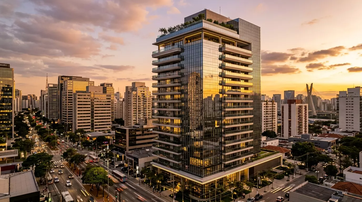 Fachada de prédio de luxo representando a operação de alienação fiduciária imóvel para alta renda.