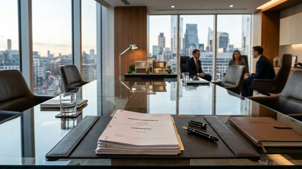 Contrato de alienação fiduciária imóvel sobre mesa de reuniões corporativa premium.