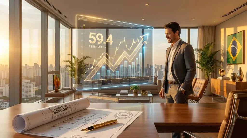 Executivo financeiro analisando gráficos de crescimento recorde do mercado de crédito imobiliário e estruturação de capital.
