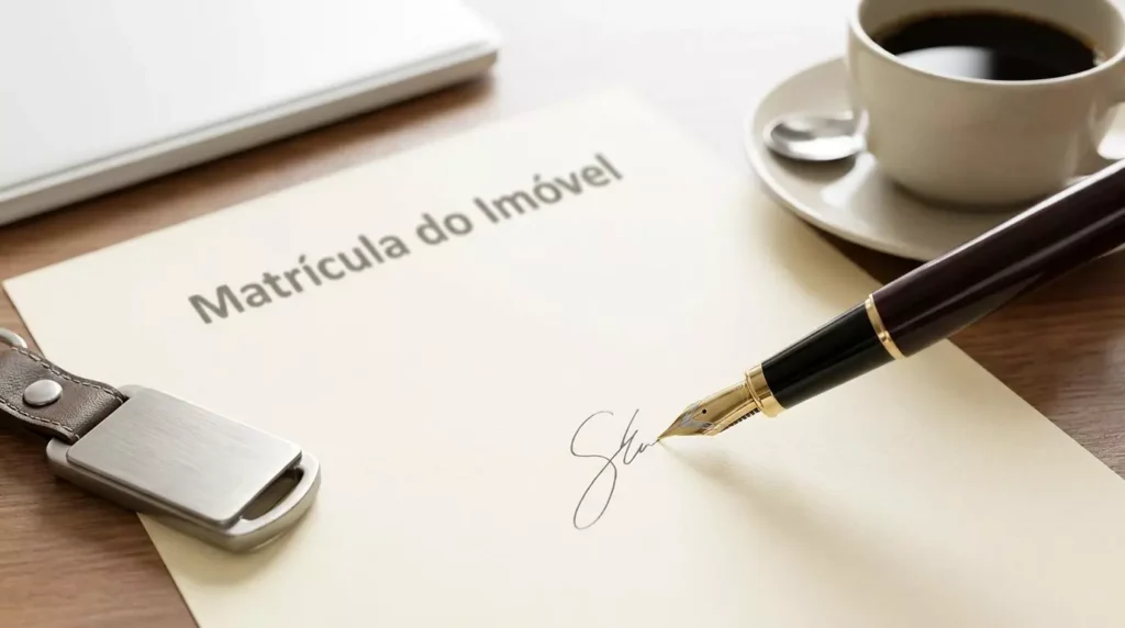 Certidão de matrícula do imóvel e documentos pessoais organizados para solicitação de crédito com garantia.