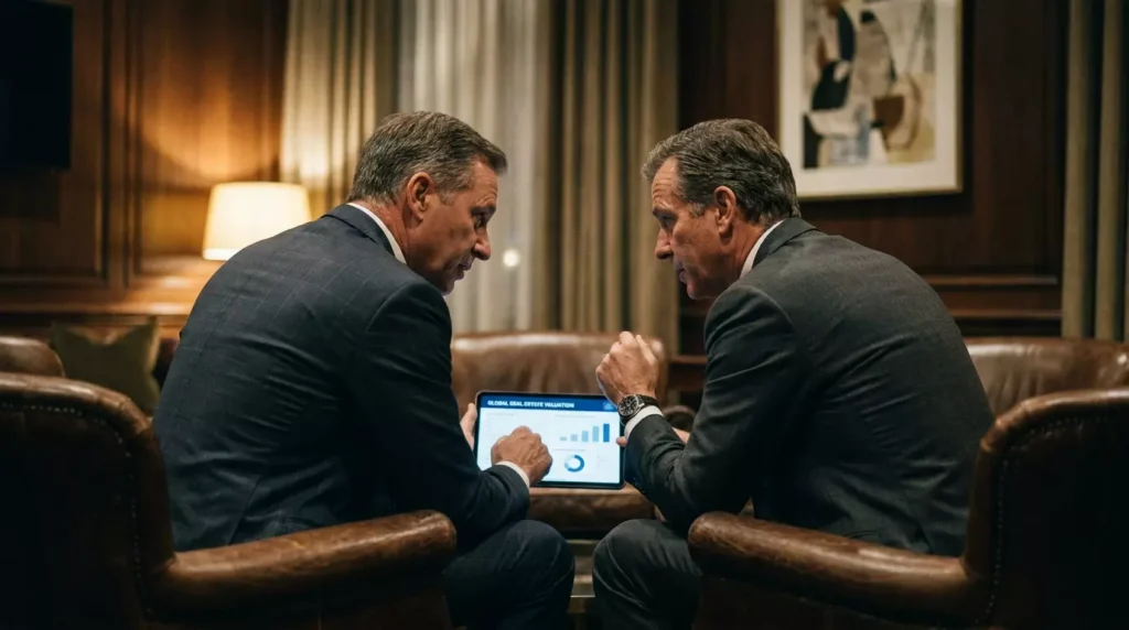 Documentos Home Equity e tablet financeiro sobre uma mesa corporativa, representando a aprovação de crédito para alta renda.