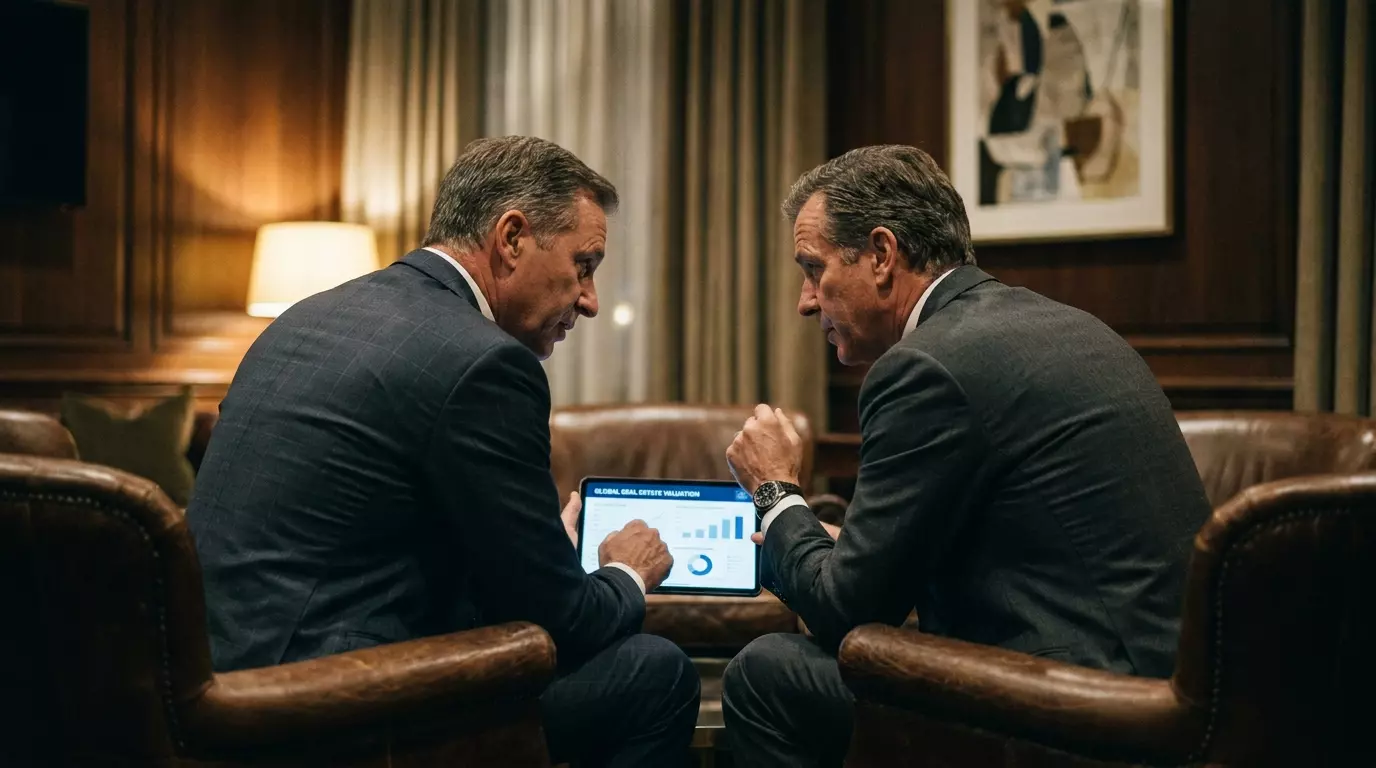 Documentos Home Equity e tablet financeiro sobre uma mesa corporativa, representando a aprovação de crédito para alta renda.