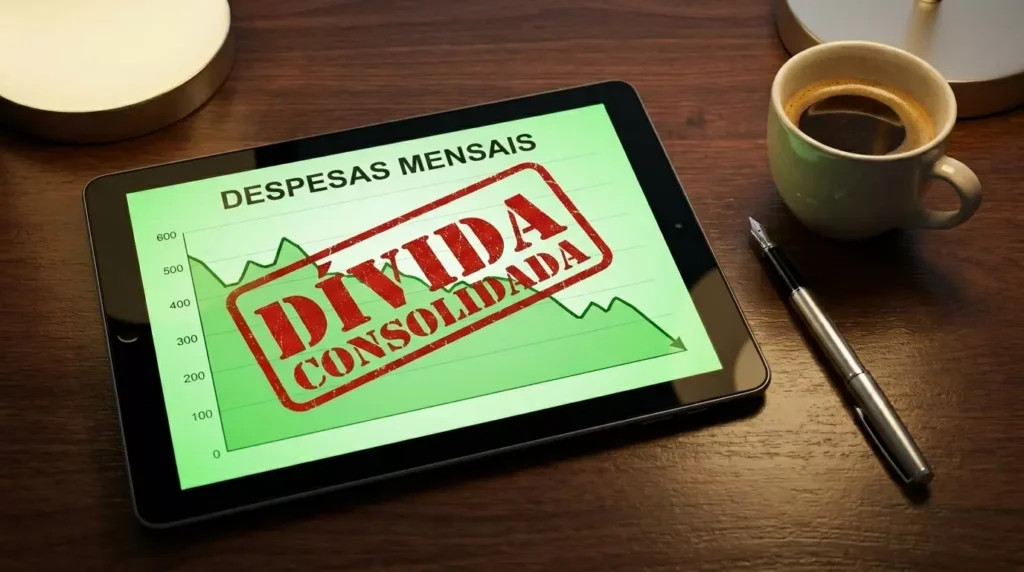 Gráfico em tablet mostrando a redução de despesas mensais através da quitação de dívidas caras.