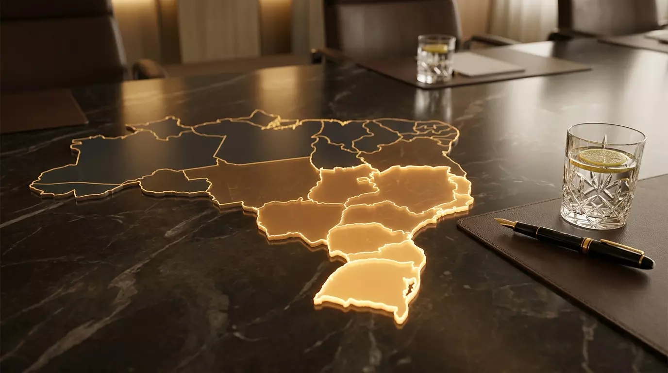 Mapa digital do Brasil iluminando as Regiões Home Equity no Sul, Sudeste e Centro-Oeste sobre mesa corporativa.