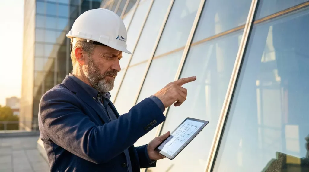 Engenheiro profissional avaliando a fachada de um prédio comercial moderno com um tablet.
