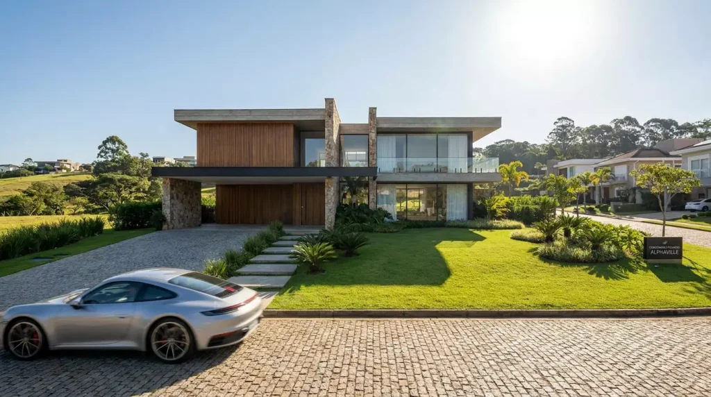 Mansão moderna de luxo em condomínio fechado, representando propriedades em boas condições e áreas valorizadas.