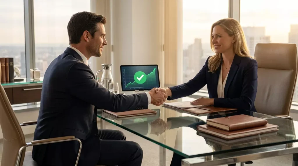 Executivos apertando as mãos após uma renegociação amigável para evitar a inadimplência Home Equity.