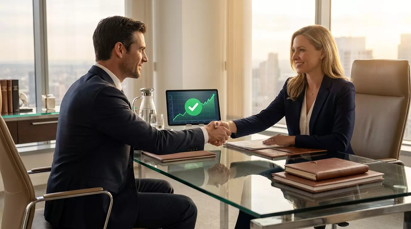 Executivos apertando as mãos após uma renegociação amigável para evitar a inadimplência Home Equity.