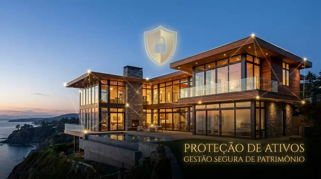 Mansão moderna de alto padrão protegida por um escudo digital ilustrando a blindagem do patrimônio financeiro.