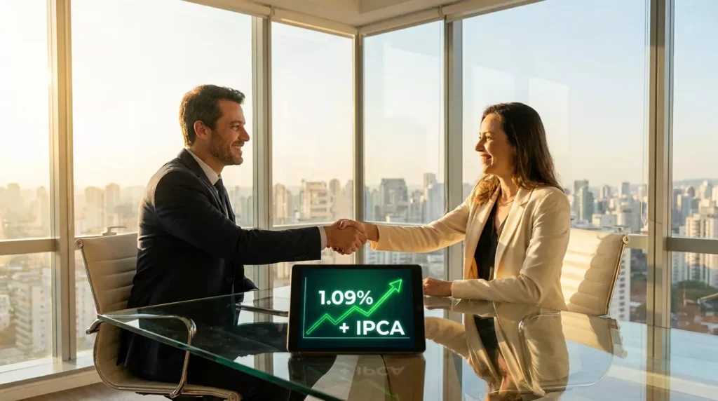 Executivo financeiro e cliente fechando parceria de crédito com atendimento humanizado e taxas justas.