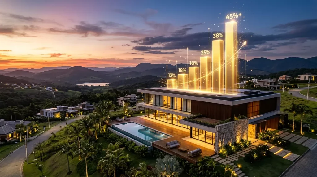 Mansão moderna de luxo com gráficos holográficos dourados subindo, representando a extração de liquidez patrimonial.