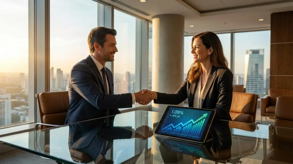 Executivos apertando as mãos após uma renegociação amigável para evitar a inadimplência Home Equity.