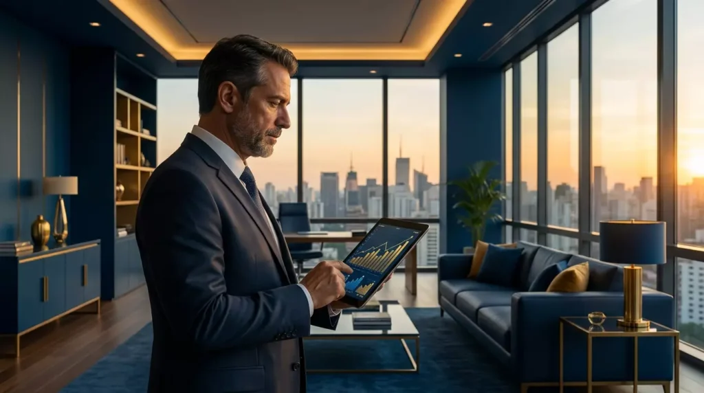 Empresário de sucesso analisando gráficos financeiros para estratégia de Home Equity financiado.