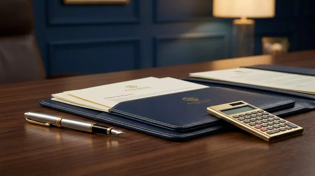 Documentos executivos e caneta tinteiro representando contrato de Home Equity financiado.