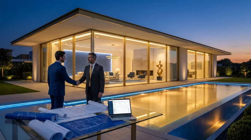 Fotografia fotorrealista de um empresário de alta renda em um escritório luxuoso, analisando dados de crescimento financeiro em um tablet, representando o planejamento estratégico de alavancagem através do crédito com garantia de imóvel.