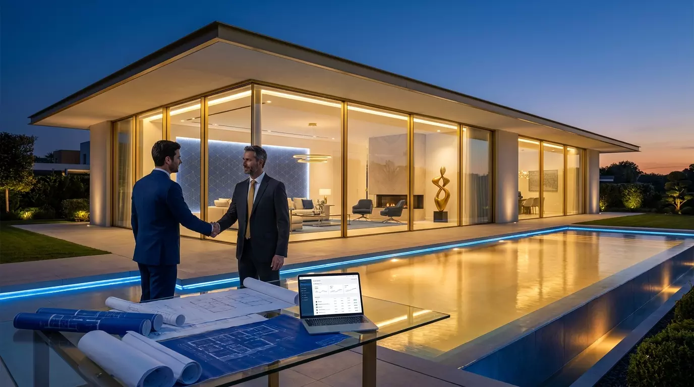 Fotografia fotorrealista de um empresário de alta renda em um escritório luxuoso, analisando dados de crescimento financeiro em um tablet, representando o planejamento estratégico de alavancagem através do crédito com garantia de imóvel.
