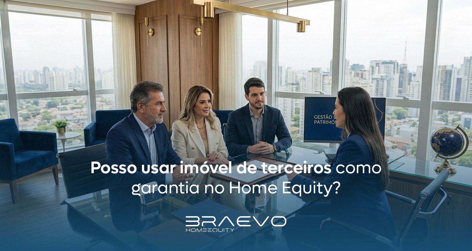 Família de alta renda assinando contrato de crédito usando imóvel de terceiros como garantia no Home Equity.