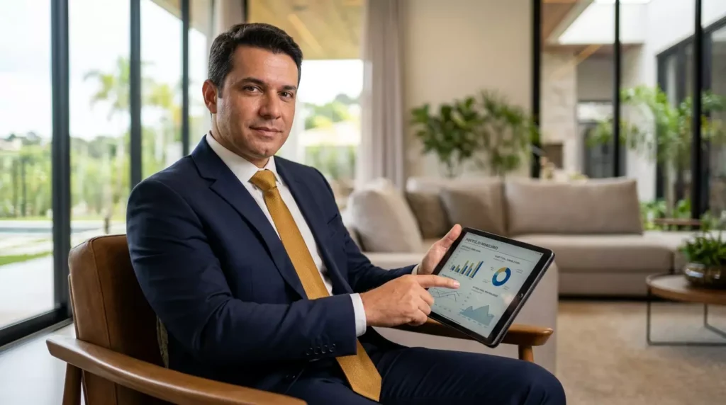 Empresário analisando a valorização de imóveis de luxo no mercado imobiliário 2026.