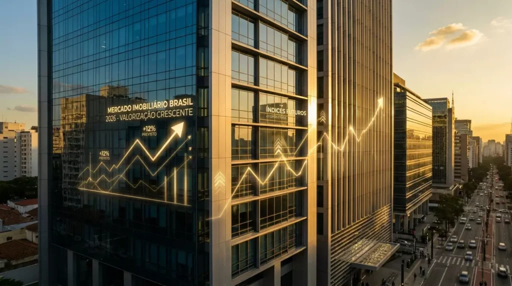 Edifício corporativo de luxo com gráficos de crescimento representando o mercado imobiliário 2026.