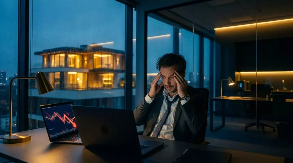 Empresário estressado analisando gráficos de altos juros empréstimo pessoal com casa de luxo ao fundo.