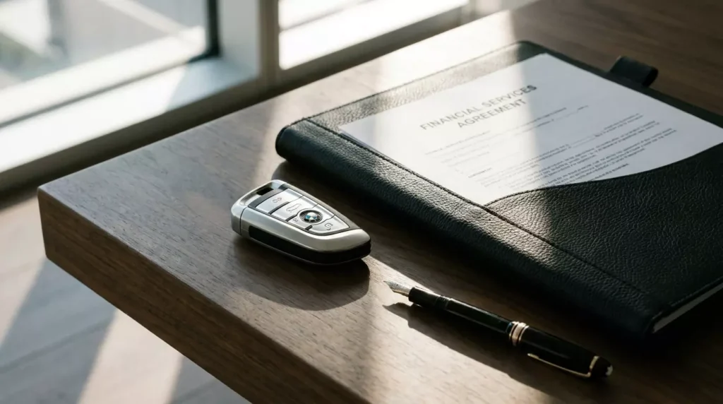 Chave de carro de luxo ao lado de um contrato financeiro de crédito premium sobre uma mesa de madeira.