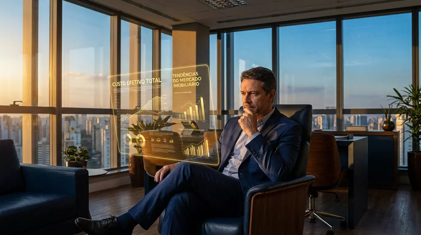 Executivo analisando gráficos financeiros sobre o Custo Efetivo Total em um escritório moderno.