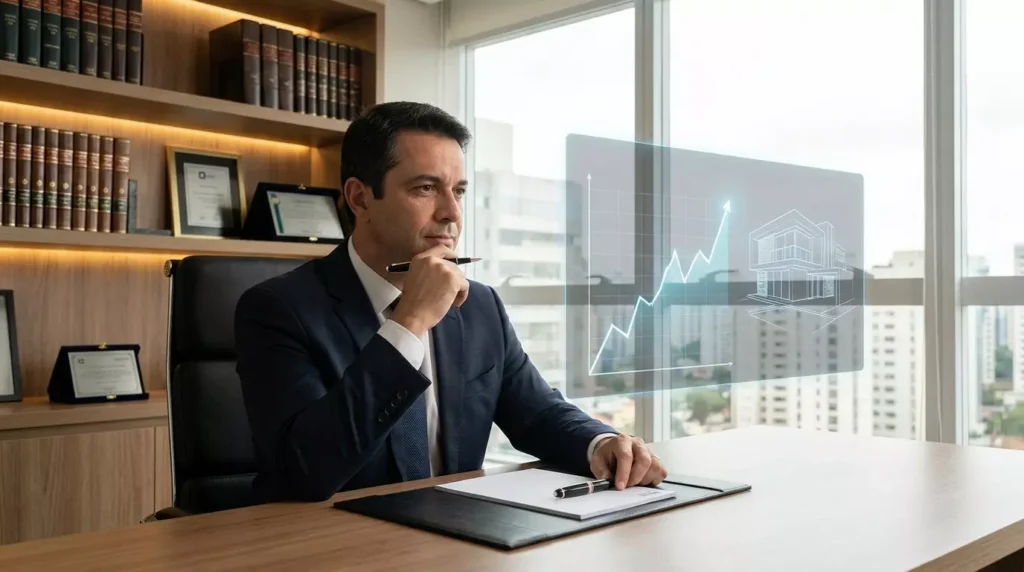 Executivo analisando gráficos financeiros e o custo de oportunidade ao planejar um crédito para reforma de alto padrão.