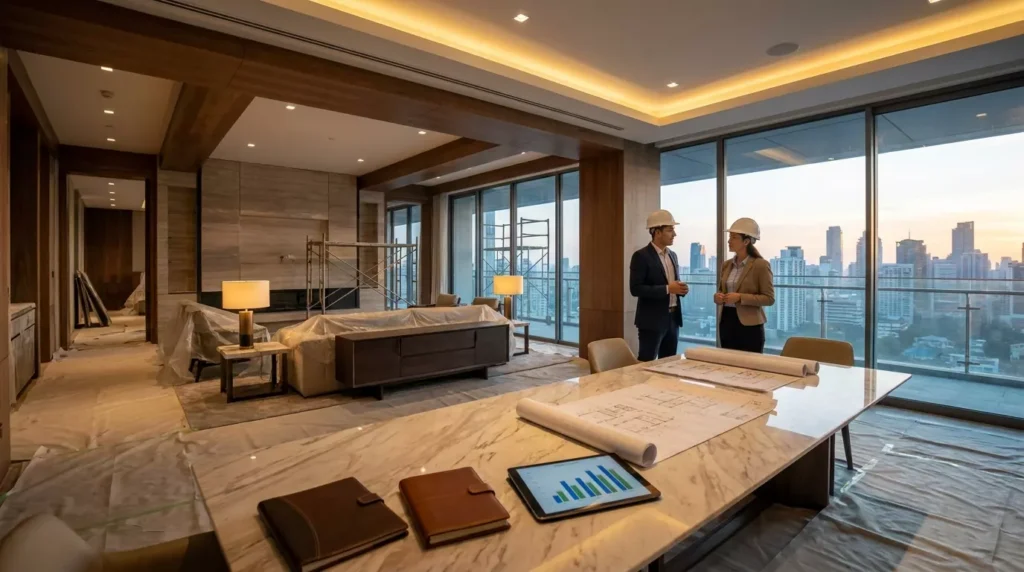 Projeto arquitetônico e gráficos financeiros sobre uma mesa de mármore em uma sala de luxo simbolizando o crédito para reforma.