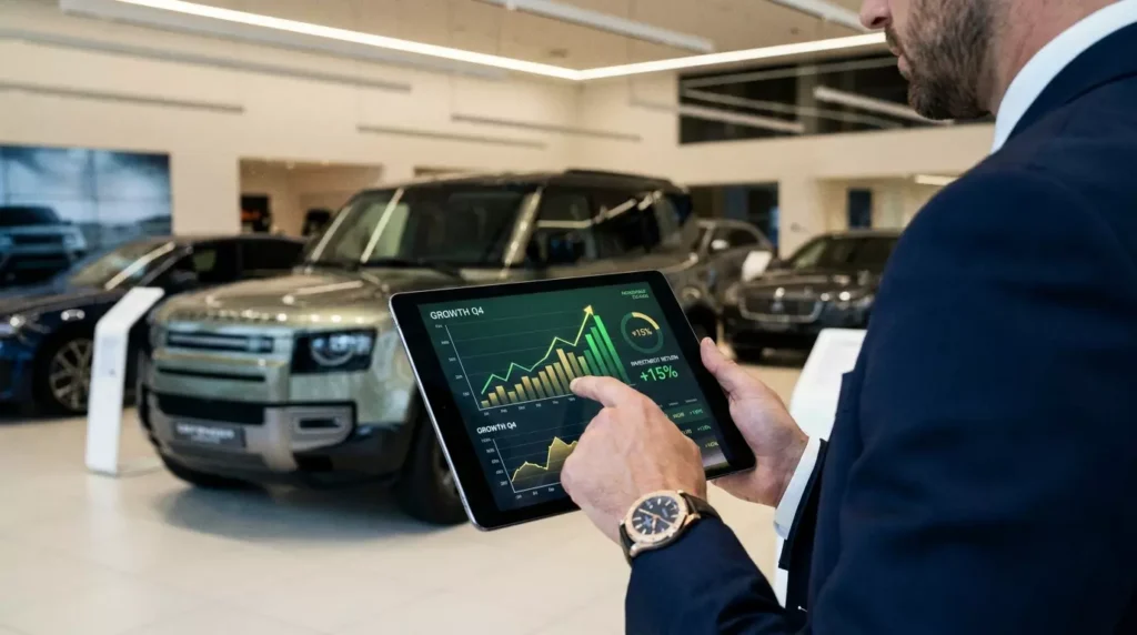 Empresário analisando gráficos financeiros em um tablet dentro de uma concessionária de carros de luxo.