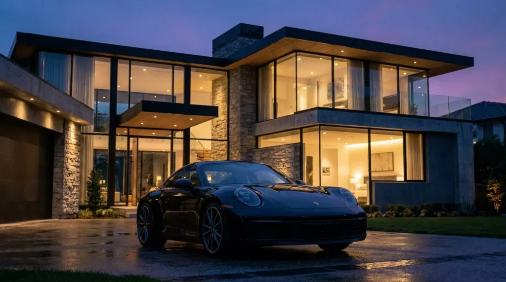 Fachada de mansão moderna à noite com um Porsche escuro na garagem, ilustrando o financiamento carros luxo via Home Equity.