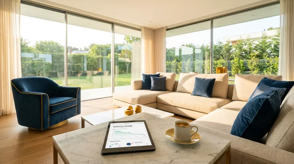 Tablet mostrando redução de taxas financeiras em uma sala de estar de mansão de luxo.